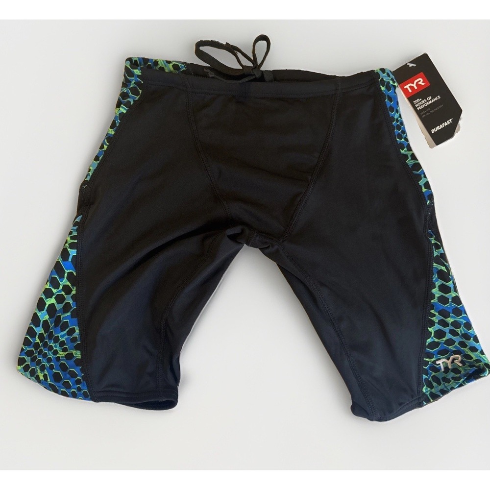 TYR Glacial Hero Boys Jammer Size S? Black Green Swim Suit Durafast Lined NWT